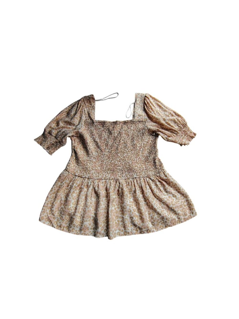 Nine West Womens Smocked Leopard Blouse Size L Beige Brown Flowy short sleeves